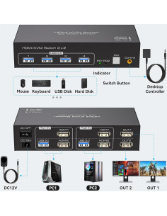 Interruptor KVM HDMI 2 Monitores 2 Computadoras 4K 120Hz USB 3.0 2
