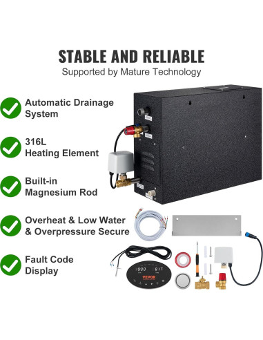 Generador de Vapor VEVOR 10.5 kW con Drenaje Automático y Control Táctil