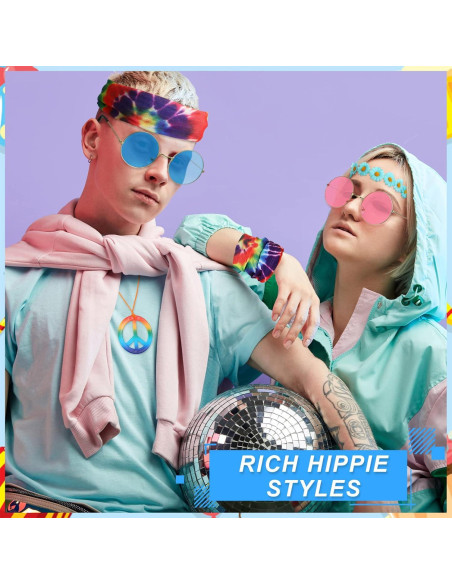 Conjunto de Disfraz Hippie 36 Pcs Kenning - Collares, Diademas y Gafas Conjunto de Disfraz Hippie 36 Pcs Kenning - Collares, Diademas y Gafas