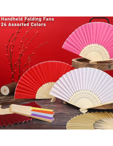 Abanicos Plegables de Seda y Bambú URATOT 24 Piezas 21 cm Abanicos Plegables de Seda y Bambú URATOT 24 Piezas 21 cm