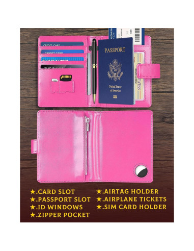 Funda para Pasaporte Mokzer Rosa con Bloqueo RFID y Soporte AirTag
