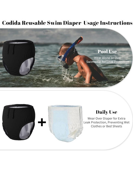 Pañal de Natación Reutilizable Codida 5-6T Negro para Niños Pañal de Natación Reutilizable Codida 5-6T Negro para Niños