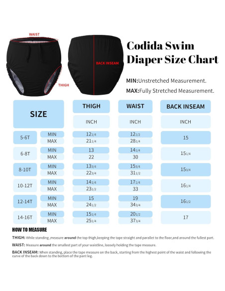 Pañal de Natación Reutilizable Codida 5-6T Negro para Niños Pañal de Natación Reutilizable Codida 5-6T Negro para Niños
