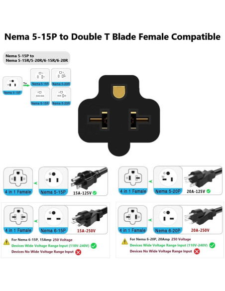 Adaptador de Enchufe CA Nema 5-15P a 5-20R 15A 125V a 20A 250V Adaptador de Enchufe CA Nema 5-15P a 5-20R 15A 125V a 20A 250V