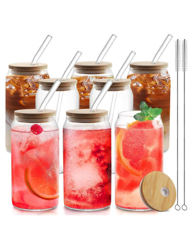 Juego de 8 Tazas de Vidrio HOMBERKING 591 ml con Tapas de Bambú
