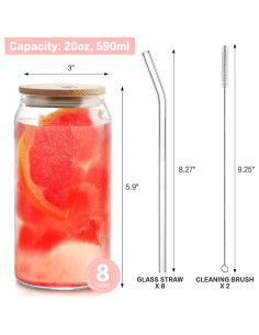 Juego de 8 Tazas de Vidrio HOMBERKING 591 ml con Tapas de Bambú 2