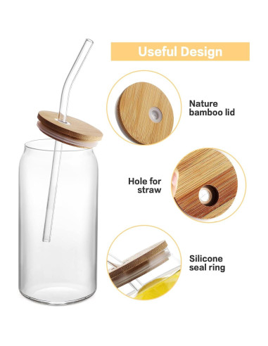 Juego de 8 Tazas de Vidrio HOMBERKING 591 ml con Tapas de Bambú