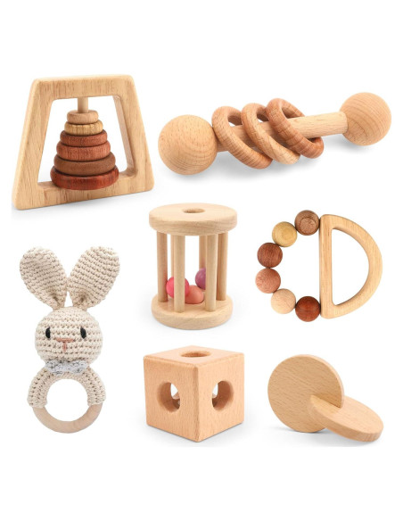 Juego de Sonajeros de Madera Natural 7PCS Montessori Juego de Sonajeros de Madera Natural 7PCS Montessori