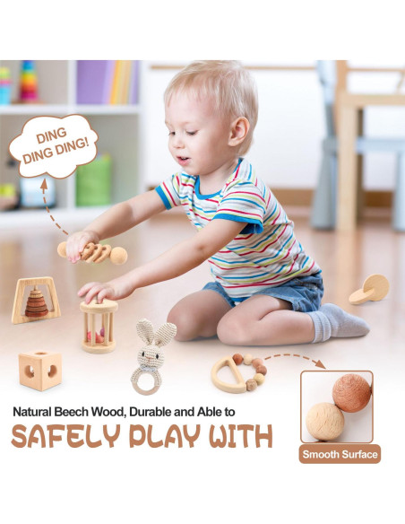 Juego de Sonajeros de Madera Natural 7PCS Montessori Juego de Sonajeros de Madera Natural 7PCS Montessori