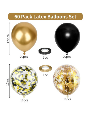 Globos de Láttex Metálico Negro y Oro 60 Pzs 30.48 cm