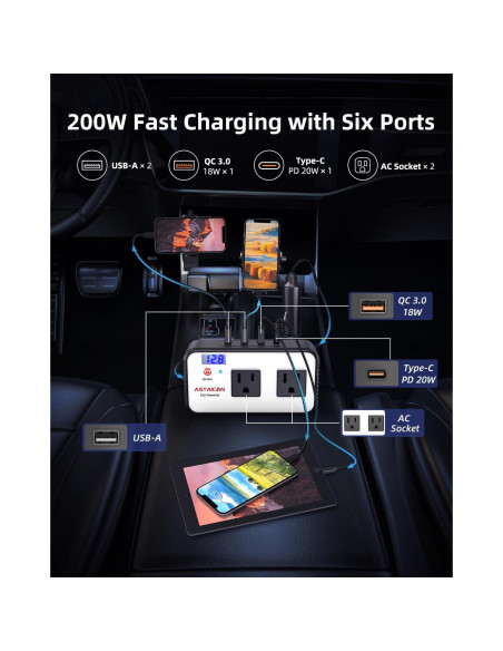 Inversor de Potencia de Coche Astaican 200W DC 12V a 110V AC Inversor de Potencia de Coche Astaican 200W DC 12V a 110V AC