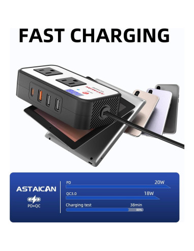 Inversor de Potencia de Coche Astaican 200W DC 12V a 110V AC