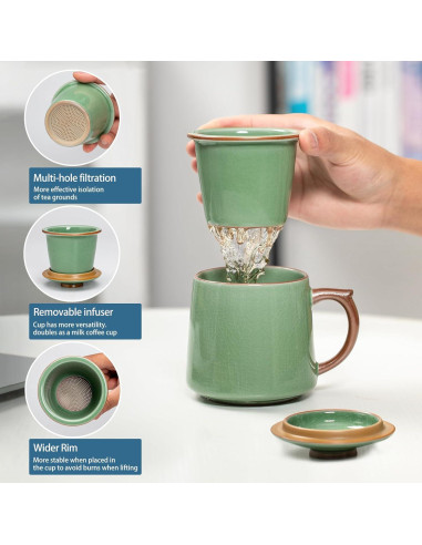 Taza de Cerámica con Infusor y Tapa HAFTOLYR 400ml Verde