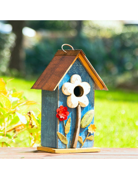 Casa de Aves Colgante Glitzhome 26cm Madera Azul Lavado Casa de Aves Colgante Glitzhome 26cm Madera Azul Lavado