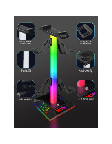 Soporte para Auriculares Gaming RGB VCOM con 3 Puertos USB
