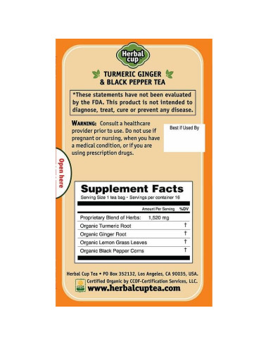 Té de Cúrcuma Orgánica Herbal Cup con Jengibre y Pimienta Negra - 16 Bolsitas