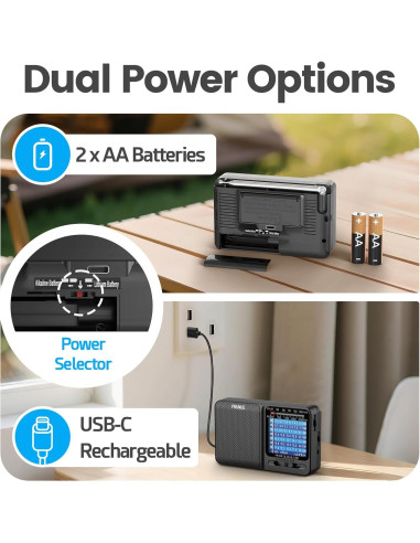 Radio Portátil PRUNUS J-711 AM/FM/SW Carga USB-C y Baterías AA