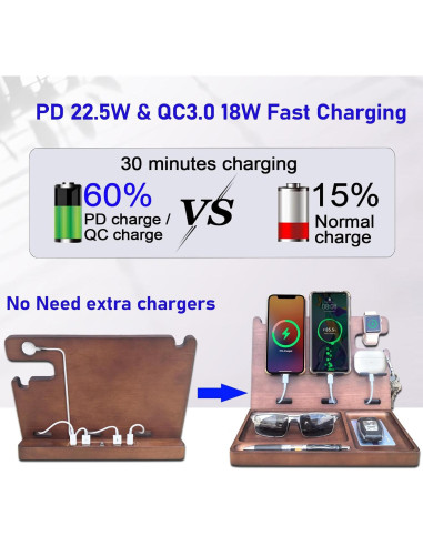 Estación de Carga de Madera Xunhomon 3 en 1 USB C QC 3.0