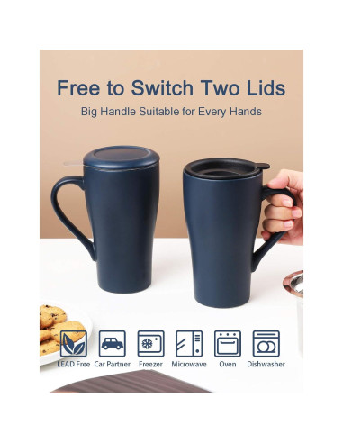 Taza de Té Grande ARRADEN con Infusor y 2 Tapas Azul 540ml