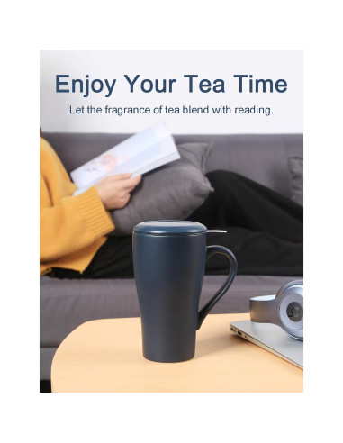 Taza de Té Grande ARRADEN con Infusor y 2 Tapas Azul 540ml