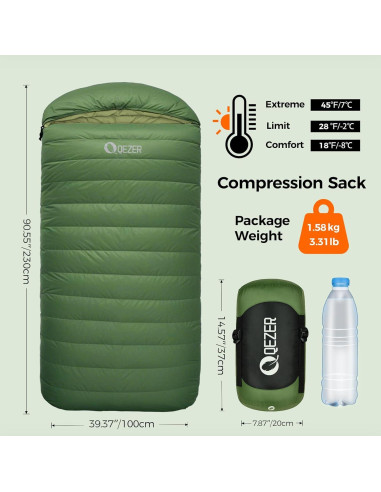 Saco de Dormir XL QEZER Rectangular 4 Estaciones Verde