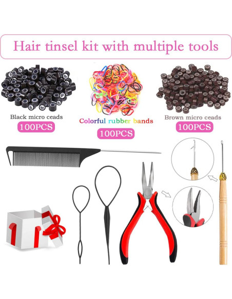 Kit de Tinsel para Cabello Ukithairtinsel 12 Colores 3200 Hebras Kit de Tinsel para Cabello Ukithairtinsel 12 Colores 3200 Hebras