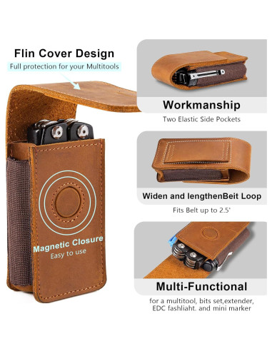 Funda de Multiherramienta EDC QEES de Cuero Marrón con Cierre Magnético