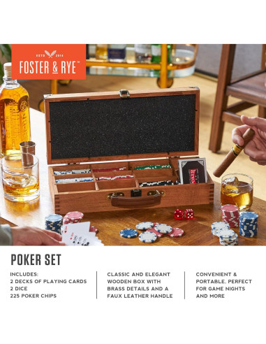 Juego de Póker de Madera Foster & Rye - 225 Fichas y 2 Barajas