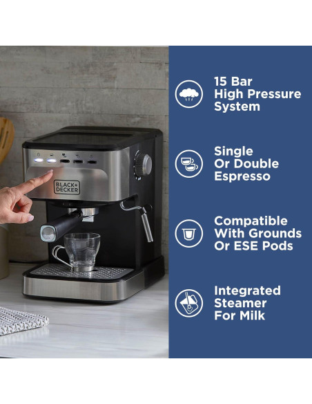 Máquina de Espresso BLACK+DECKER 15 Bar con Espumador Máquina de Espresso BLACK+DECKER 15 Bar con Espumador