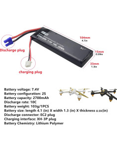 Batería Lipo 2PCS 7.4V 2700mAh 10C para Hubsan H501S 2