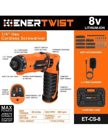 Destornillador Inalámbrico ENERTWIST 8V 10Nm 82 Accesorios