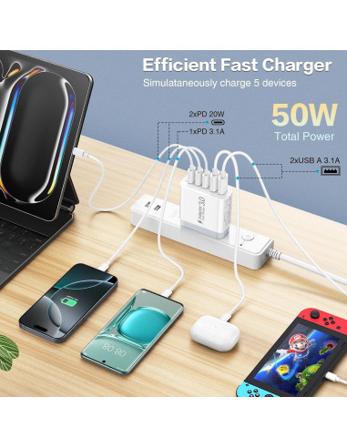 Cargador Rápido USB C Ancekoy 50W 5 Puertos PD3.0 Blanco