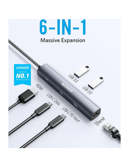 Hub USB-C 6-en-1 Anker A83650A1 65W HDMI 4K Ethernet Hub USB-C 6-en-1 Anker A83650A1 65W HDMI 4K Ethernet