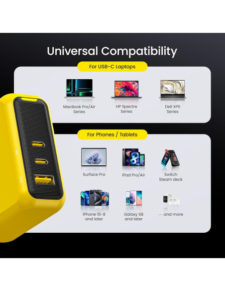 Cargador AOHI Magcube 140W USB-C 3 Puertos Amarillo Cargador AOHI Magcube 140W USB-C 3 Puertos Amarillo