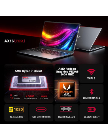 Laptop KAIGERR AX16PRO Ryzen 7 16GB 512GB 16.1" FHD