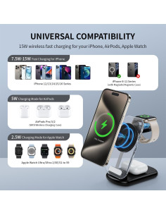 Cargador Inalámbrico 3 en 1 Mag-Safe Negro para iPhone 16/15/14 2