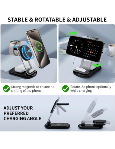 Cargador Inalámbrico 3 en 1 Mag-Safe Negro para iPhone 16/15/14