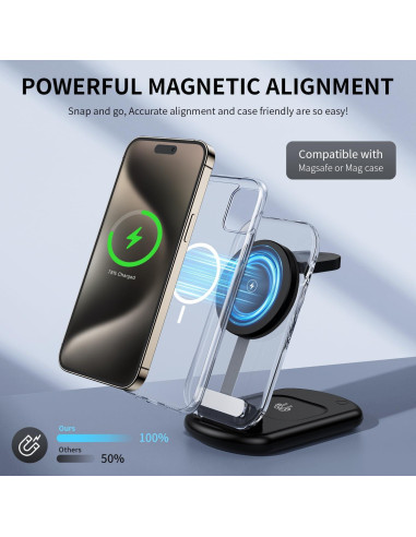 Cargador Inalámbrico 3 en 1 Mag-Safe Negro para iPhone 16/15/14