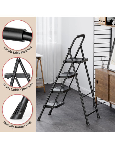Escalera Plegable KINGRACK 4 Peldaños Antideslizante Negro