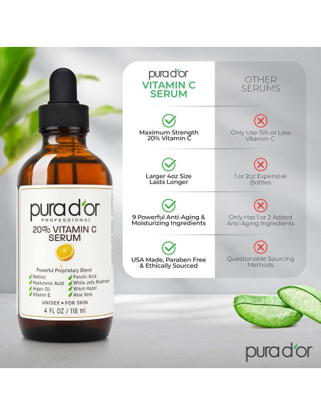 Sérum de Vitamina C 20% PURA D'OR 118 ml - Antiarrugas y Hidratante Sérum de Vitamina C 20% PURA D'OR 118 ml - Antiarrugas y Hidratante