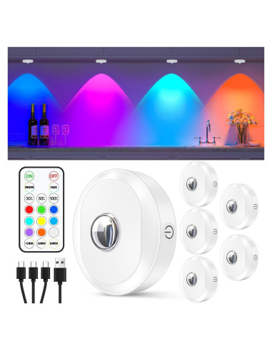 Luces Puck RGB WILLED Recargables con Control Remoto 6 Pzas