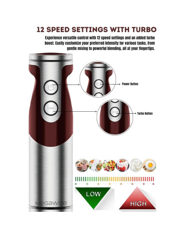 Batidora de Mano Inmersa MEGAWISE 3 en 1 400W Acero Inoxidable