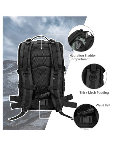 Mochila Táctica Militar MOLLE 40L Negra para Camping