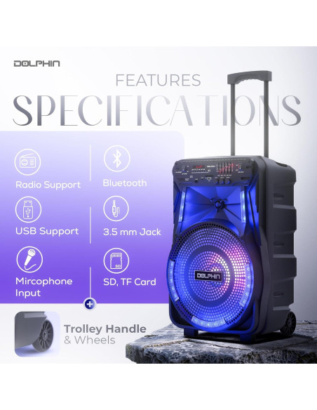 Altavoz Bluetooth Recargable 12" Dolphin - Sonido Potente, Luces LED Altavoz Bluetooth Recargable 12" Dolphin - Sonido Potente, Luces LED
