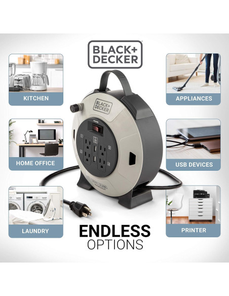 Carrete de Cable Retráctil BLACK+DECKER 7,62 m 4 Salidas USB Carrete de Cable Retráctil BLACK+DECKER 7,62 m 4 Salidas USB