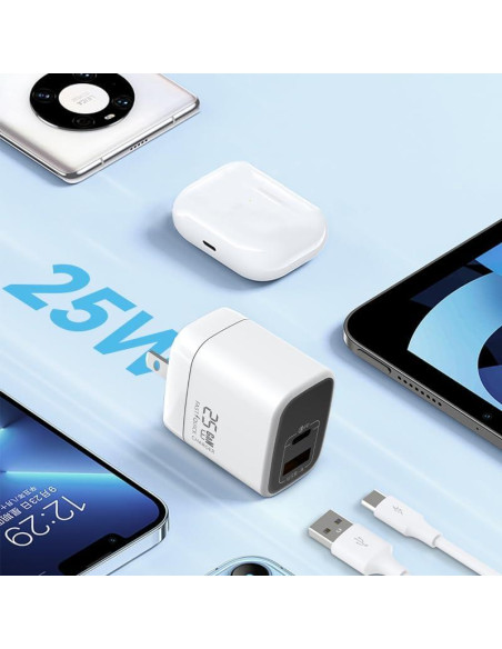 Cargador Rápido GaN 25W Vebner USB-C y USB-A Blanco Cargador Rápido GaN 25W Vebner USB-C y USB-A Blanco