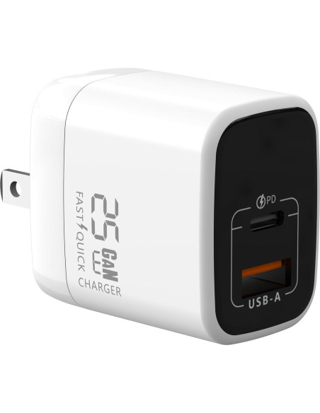 Cargador Rápido GaN 25W Vebner USB-C y USB-A Blanco Cargador Rápido GaN 25W Vebner USB-C y USB-A Blanco