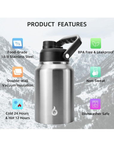 Botella de Agua Aislada BJPKPK 1.89 L Acero Inoxidable