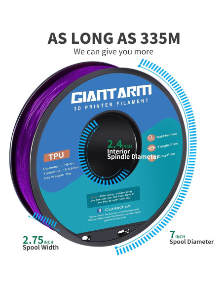 Filamento TPU GIANTARM 1.75mm Flexible 1kg Púrpura Filamento TPU GIANTARM 1.75mm Flexible 1kg Púrpura