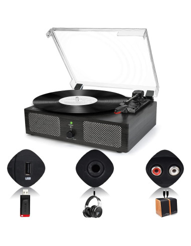 Reproductor de Vinilo Udreamer Negro Bluetooth 3 Velocidades